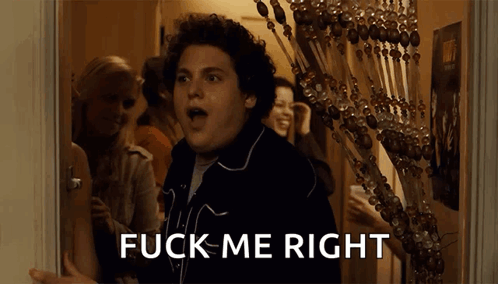 A Man With A Surprised Look On His Face And The Words Fuck Me Right Behind Him GIF