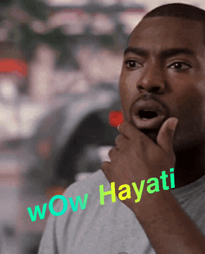 A Man With A Surprised Look On His Face Has Wow Hayati Written On His Chest GIF