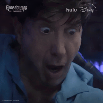 A Man With A Surprised Look On His Face Is Advertising Goosebumps GIF