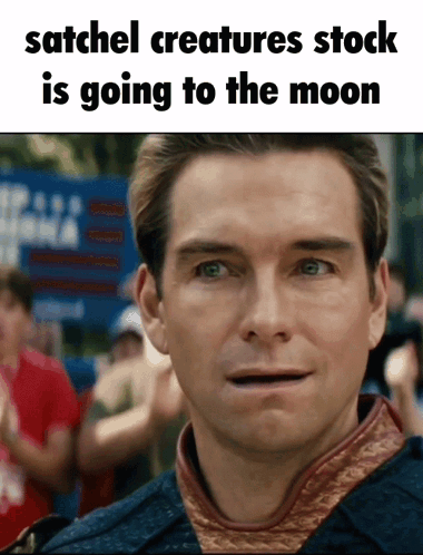 A Man With A Surprised Look On His Face With The Caption Satchel Creatures Stock Is Going To The Moon GIF