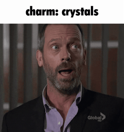 A Man With A Surprised Look On His Face With The Words Charm Crystals Below Him GIF