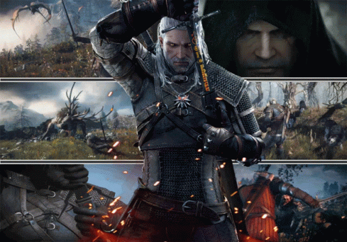 A Man With A Sword In His Hand Is Surrounded By Other Images GIF