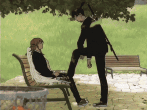 A Man With A Sword Is Kicking Another Man Sitting On A Park Bench GIF