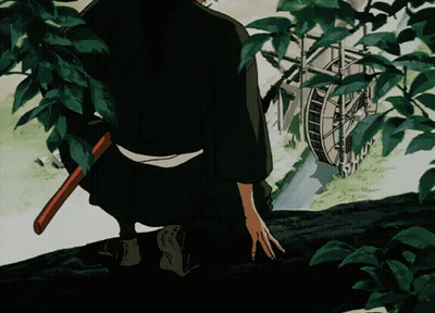 A Man With A Sword Is Kneeling Down In Front Of A Water Mill GIF