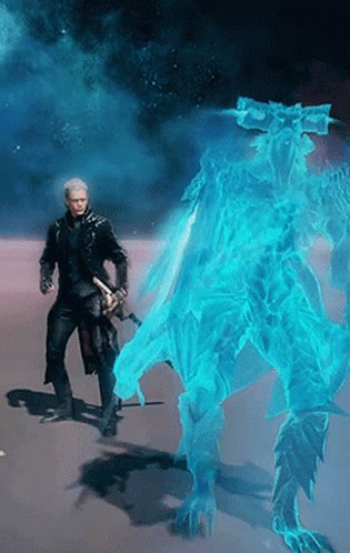 A Man With A Sword Is Standing In Front Of A Blue Dragon GIF