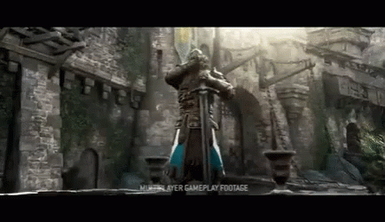 A Man With A Sword Is Standing In Front Of A Stone Wall . GIF