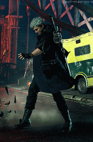 A Man With A Sword Is Standing In Front Of A Yellow Bus With Devil-May-Cry Written On The Bottom GIF