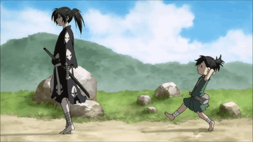 A Man With A Sword Is Standing Next To A Little Boy GIF