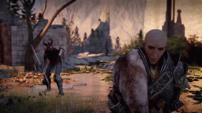 A Man With A Sword Is Standing Next To Another Man In A Field GIF