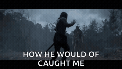 A Man With A Sword Is Walking Through A Forest With The Words `` How He Would Of Caught Me '' Written On The Screen GIF