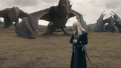 A Man With A Sword Standing In Front Of A Dragon With Hbo Written On The Bottom Right GIF