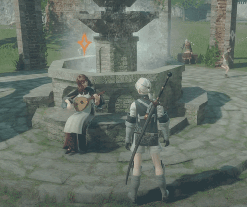 A Man With A Sword Stands In Front Of A Fountain GIF