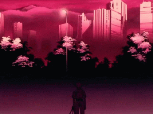 A Man With A Sword Stands In Front Of A Pink Skyline GIF
