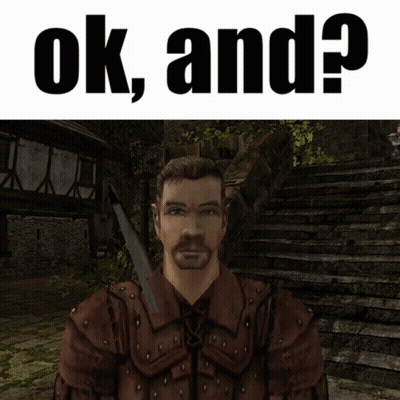 A Man With A Sword Stands In Front Of A Sign That Says Ok And ? GIF