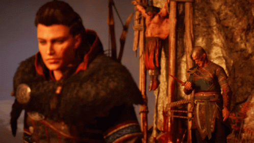 A Man With A Sword Stands In Front Of A Statue Of A Man GIF