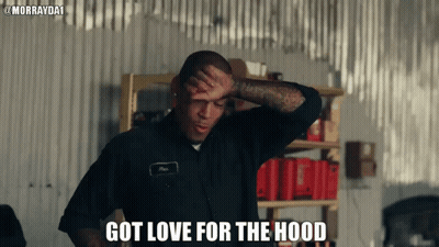 A Man With A Tattoo On His Arm Holds His Hand To His Forehead And Says " Got Love For The Hood " GIF