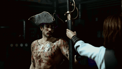 A Man With A Tattoo On His Back Holding Two Swords GIF