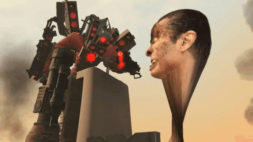 A Man With A Very Long Neck Looks At A Robot GIF