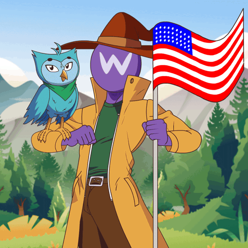 A Man With A W On His Head Holds An American Flag Next To An Owl GIF