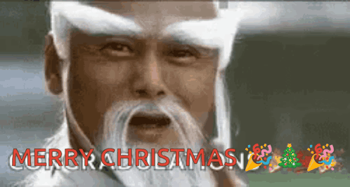 A Man With A White Beard Says Merry Christmas In Red Letters GIF