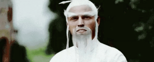 A Man With A White Wig And Beard Is Standing In Front Of A Forest . GIF