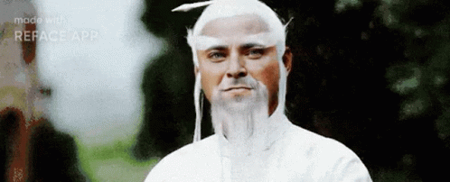 A Man With A White Wig And Beard Is Standing In Front Of A Forest . GIF