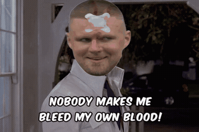 A Man With A White X On His Forehead Says " Nobody Makes Me Bleed My Own Blood ! " GIF