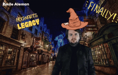 A Man With A Wizard Hat On His Head Stands In Front Of A Hogwarts Legacy Sign GIF