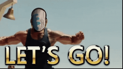 A Man With A Wooden Mask On His Face Says " Let 'S Go " GIF