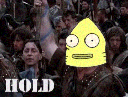 A Man With A Yellow Mask On His Head Is In A Crowd Of People And The Word Hold Is On The Bottom Right GIF