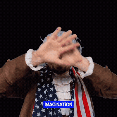 A Man With An American Flag Covering His Face With His Hands And The Word Imagination Above Him GIF