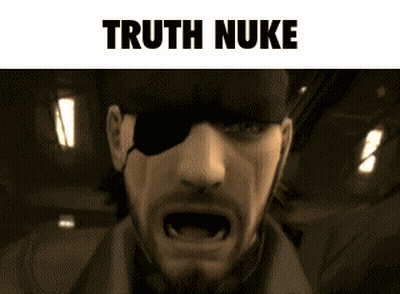 A Man With An Eye Patch Is Screaming With The Words " Truth Nuke " Below Him GIF
