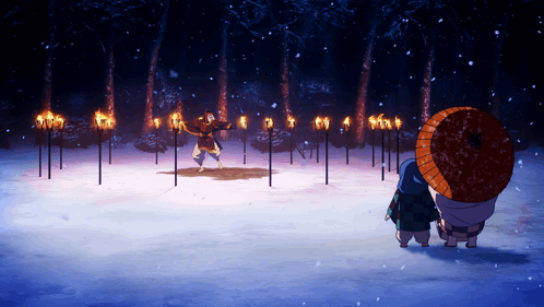 A Man With An Umbrella Stands In Front Of A Row Of Torch Posts GIF
