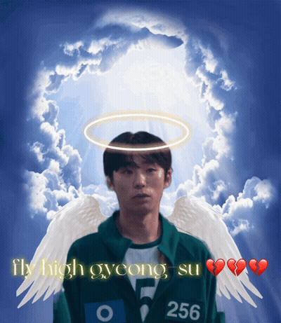 A Man With Angel Wings And The Words Fly High Gyeong Su Below Him GIF