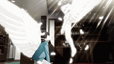 A Man With Angel Wings Is Kneeling In Front Of A Skeleton GIF