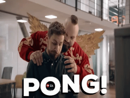 A Man With Angel Wings Is Putting His Hand On Another Man 'S Neck And The Word Pong Is Visible GIF