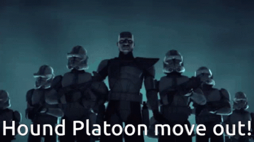 A Man With Binoculars On His Head And The Words " Hound Platoon Move Out " Below Him GIF