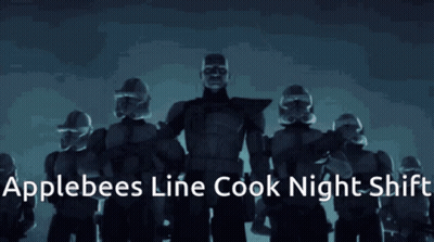 A Man With Binoculars On His Head With The Words Applebees Line Cook Night Shift Above Him GIF