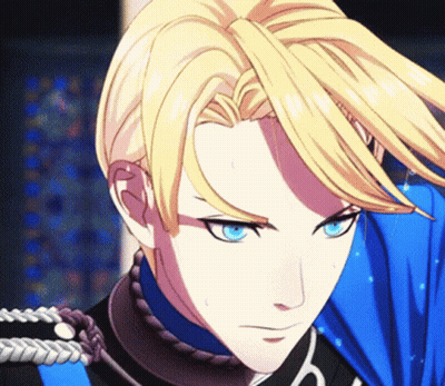 A Man With Blonde Hair And Blue Eyes Is Wearing A Black And Blue Uniform GIF