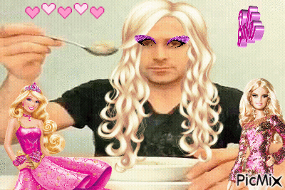 A Man With Blonde Hair Is Holding A Spoon In Front Of A Bowl Of Cereal Next To A Barbie Doll GIF