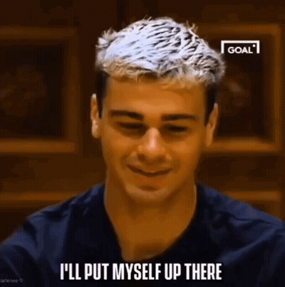 A Man With Blonde Hair Is Smiling And Saying " I 'Ll Put Myself Up There " GIF