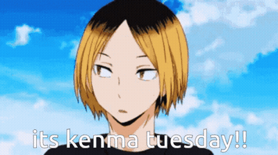 A Man With Blonde Hair Is Standing In Front Of A Blue Sky And Says It 'S Kenma Tuesday . GIF