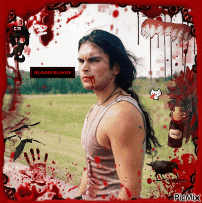 A Man With Blood On His Face Is Surrounded By Bloody Images GIF