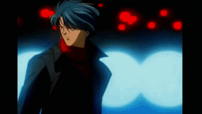 A Man With Blue Hair And A Red Scarf Is Standing In Front Of A Blue Light GIF