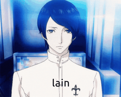 A Man With Blue Hair And A White Shirt That Says Lain GIF