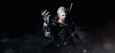 A Man With Blue Hair Is Holding A Gun That Says ' Devil May Cry ' On The Front GIF