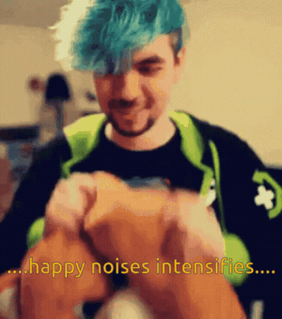A Man With Blue Hair Is Holding A Stuffed Animal And Says Happy Noises Intensifies GIF