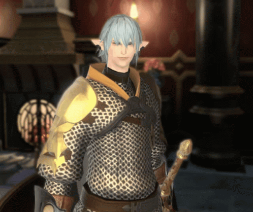 A Man With Blue Hair Is Holding A Sword In A Video Game GIF