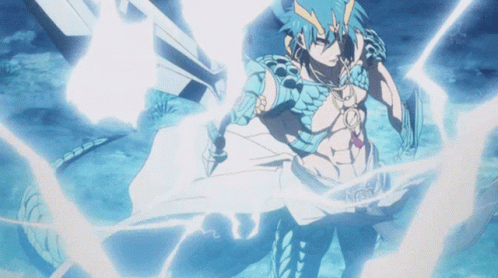 A Man With Blue Hair Is Holding A Sword In His Hand GIF