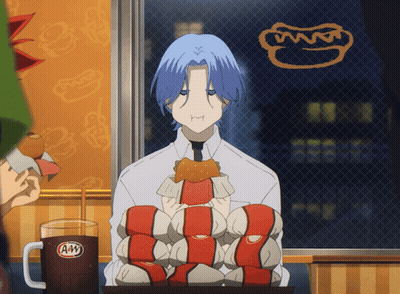 A Man With Blue Hair Is Sitting At A Table With A Mug Of A&w GIF
